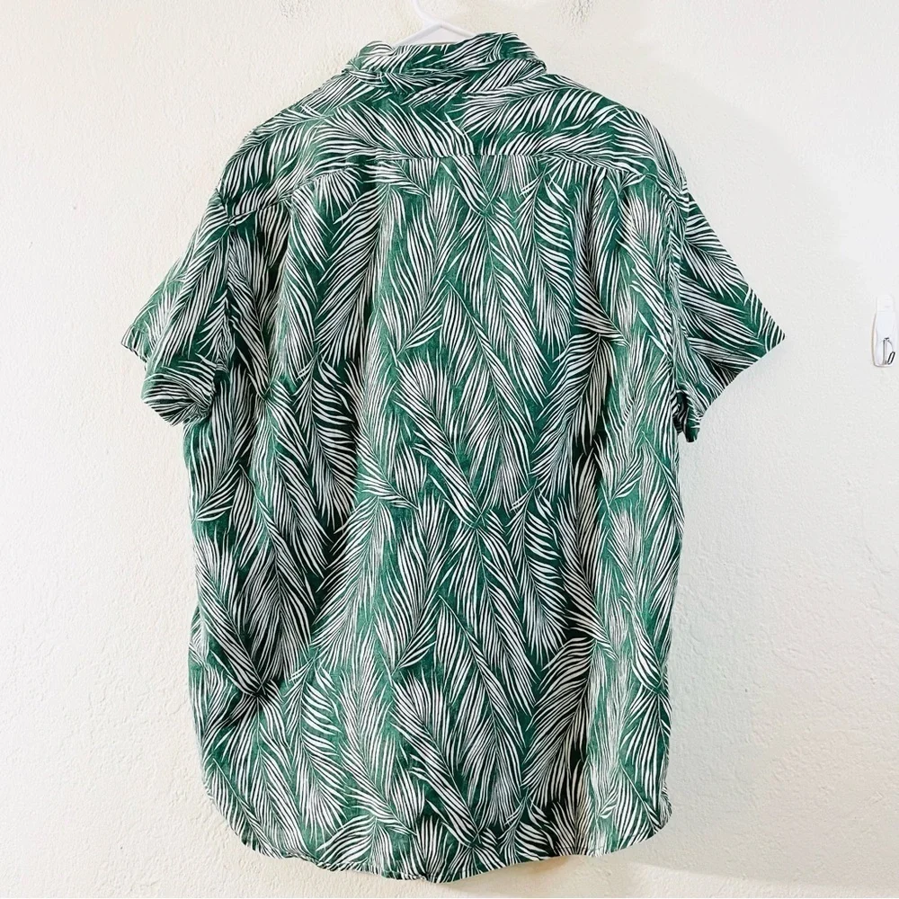 J. Crew Printed Short-Sleeve Slim Linen Blend Shirt Size XL Green/White Pockets